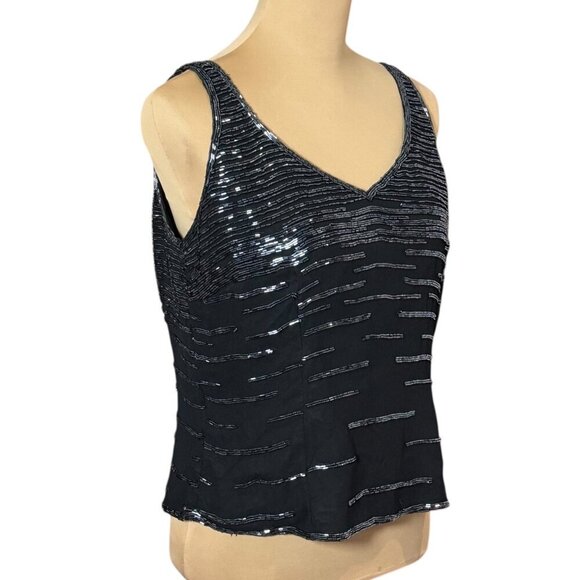VTG 90s Ikara Beaded Top Sz.10 Black Sleeveless V-Neck Formal Event Gothic Glam - Picture 2 of 10